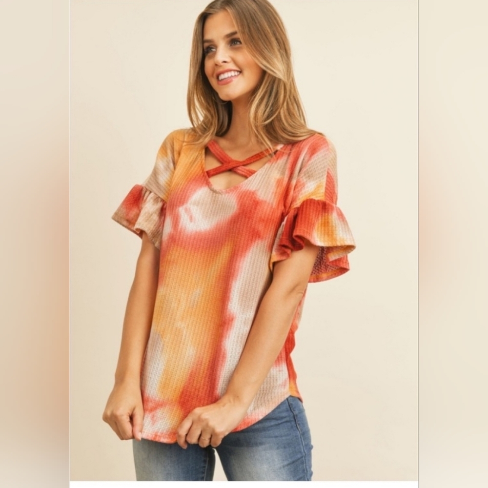 [NEW] Cross Cross Tye dye V neck Women's Top Rust/Mauve - Picture 2 of 3